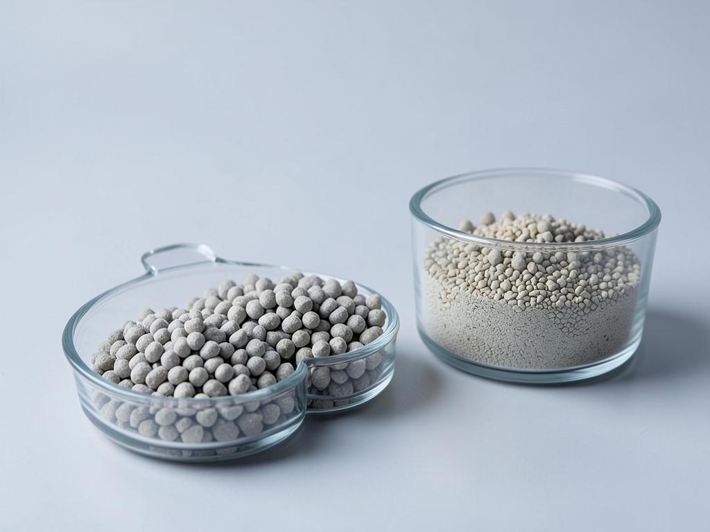 Feed pellets and meal in neutral glass dishes (temporary image).