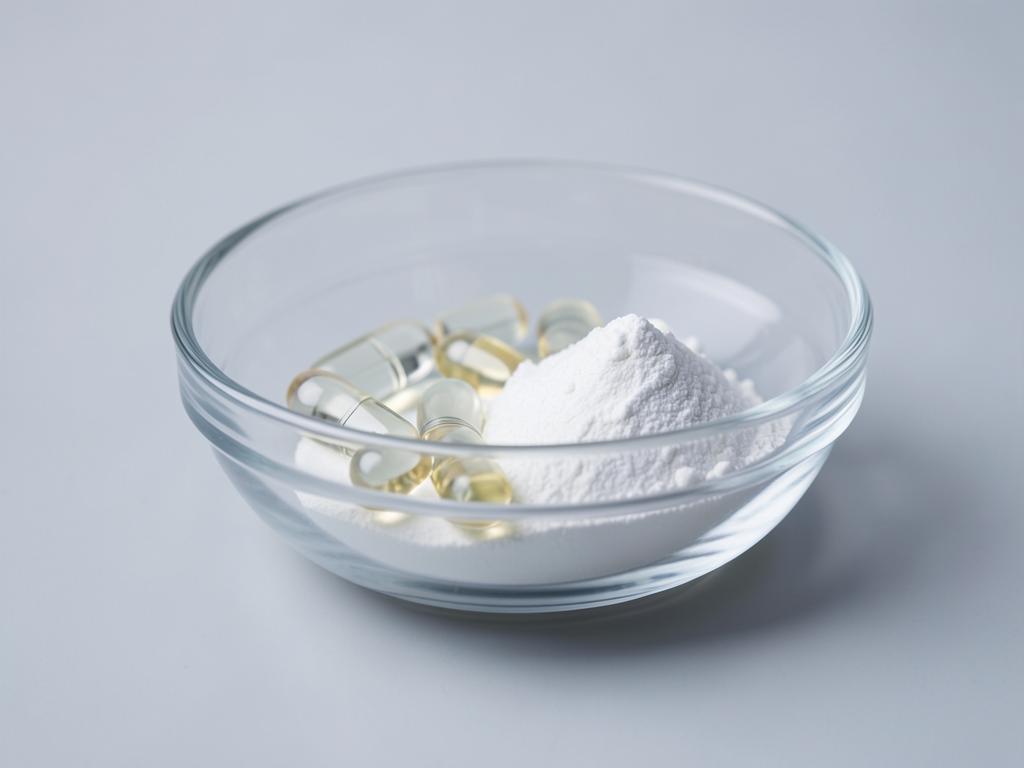 Unbranded softgel capsules and white powder in a glass dish (temporary image).